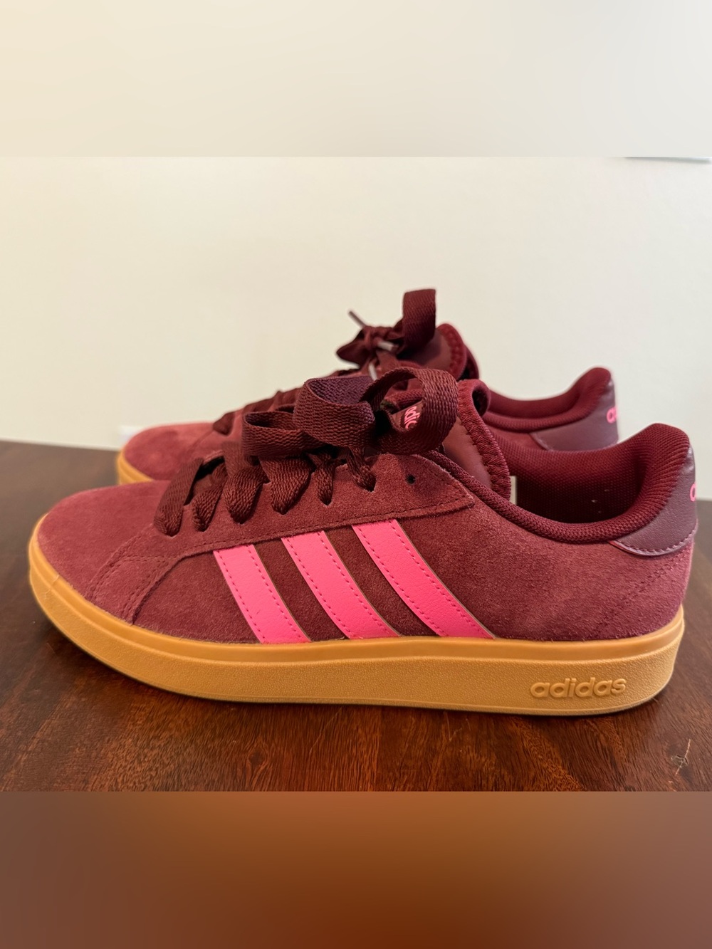 Adidas Women’s Burgundy Suede Sneakers with Pink Stripes